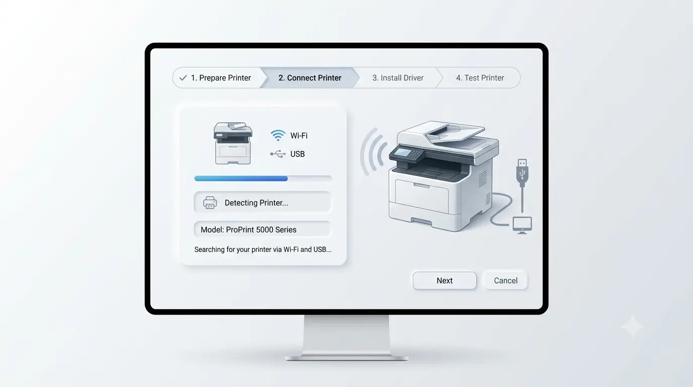Screen showing a general printer connection wizard detecting a printer over Wi-Fi and USB