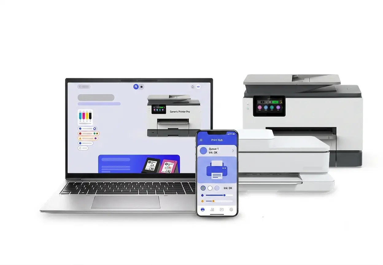 Laptop, phone, and office printer showing a connected printing setup